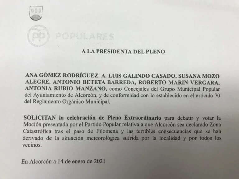 EL PARTIDO POPULAR PIDE UN PLENO EXTRAORDINARIO PARA QUE ALCORCÓN SEA DECLARADO “ZONA CATASTRÓFICA”