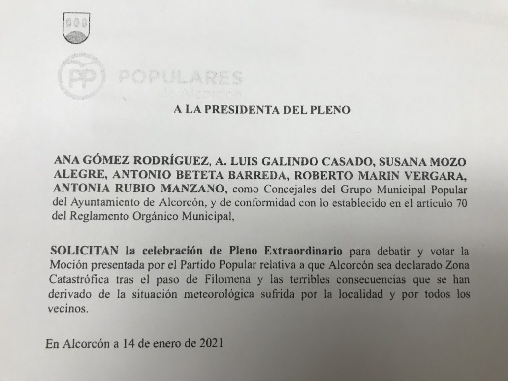 El Partido Popular pide un pleno extraordinario para que Alcorcón sea declarado “zona&nbsp;catastrófica”