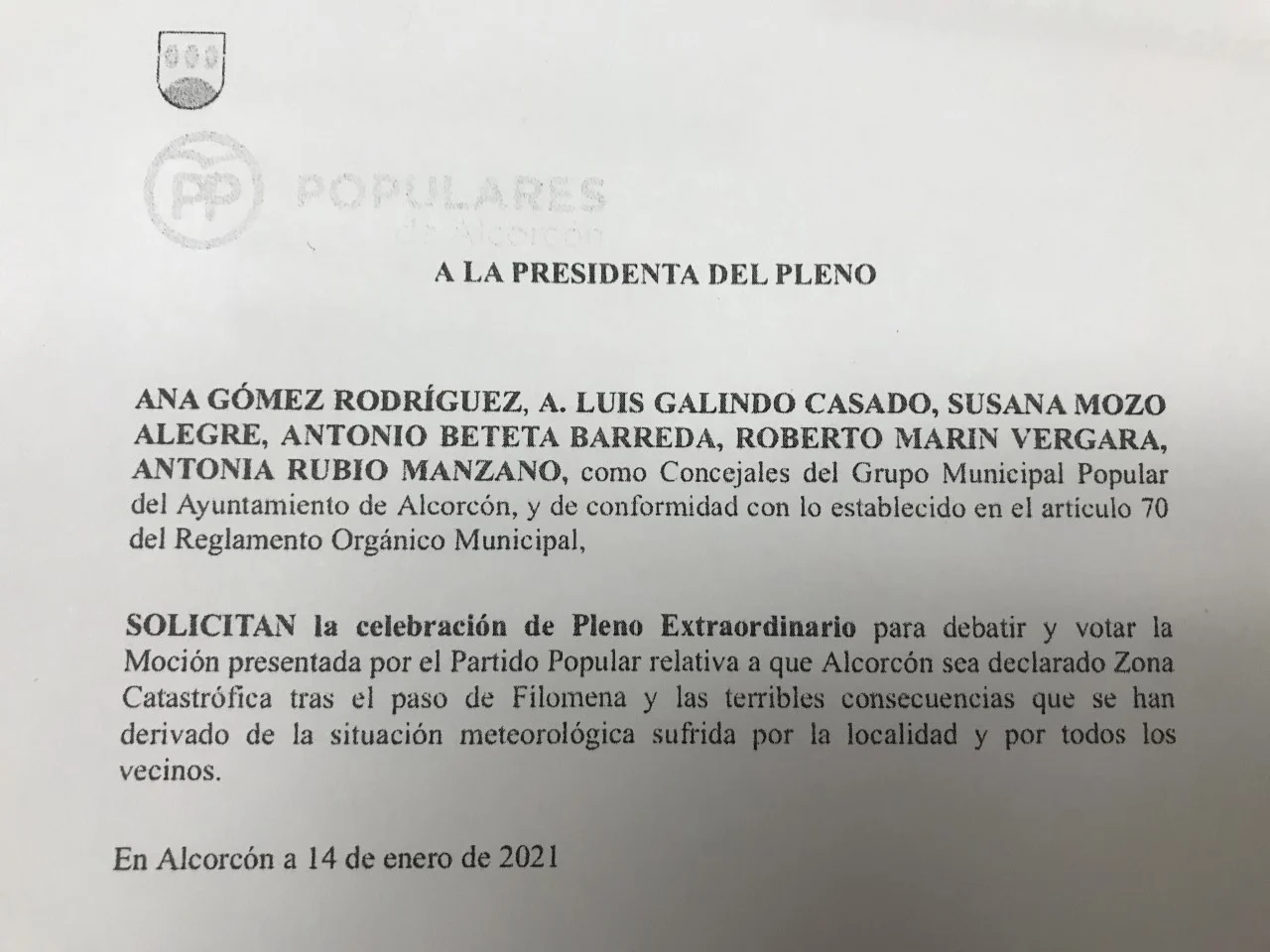 El Partido Popular pide un pleno extraordinario para que Alcorcón sea declarado “zona catastrófica”