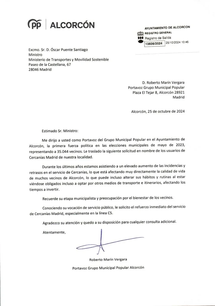 Carta del Portavoz del PP de Alcorcón en el Ayuntamiento de Alcorcón al Ministro de Transportes del Gobierno de España, Ósca…